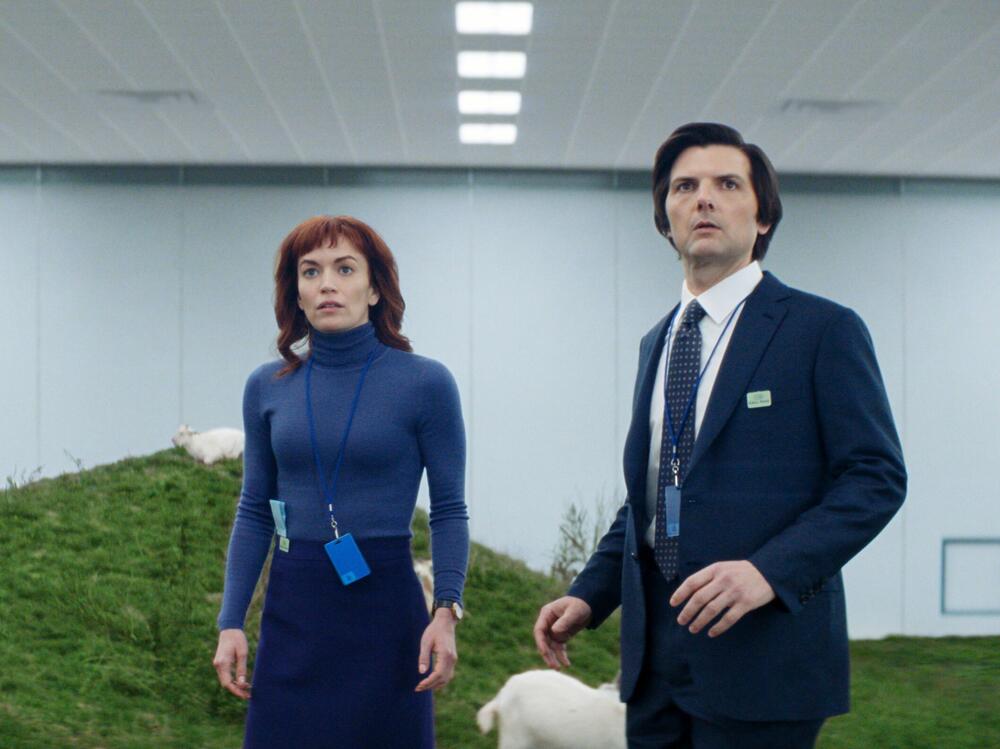 Britt Lower and Adam Scott in <em>Severance</em>. Both were nominated for Emmys Tuesday.