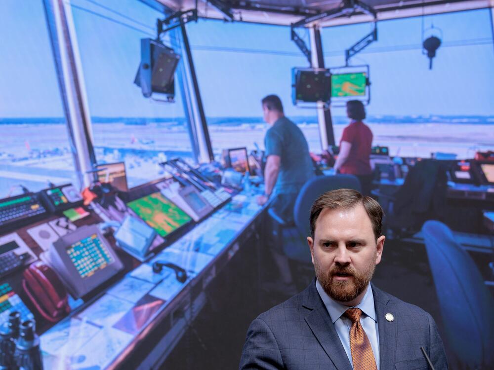 Nick Daniels, the president of the National Air Traffic Controllers Association, speaks at a news conference at the U.S. Department of Transportation headquarters in Washington, D.C., on May 1.