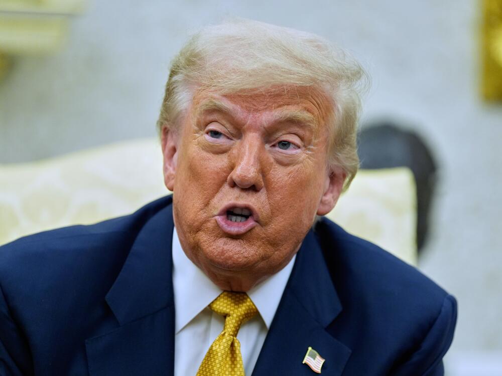President Trump speaks during a meeting with Bahrain's Crown Prince Salman bin Hamad Al Khalifa in the Oval Office Wednesday.