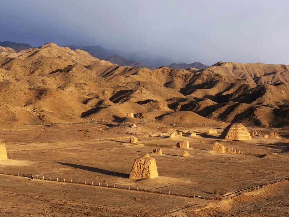 An aerial view of Mausoleum No. 4, part of the imperial tombs of the Xixia Dynasty.