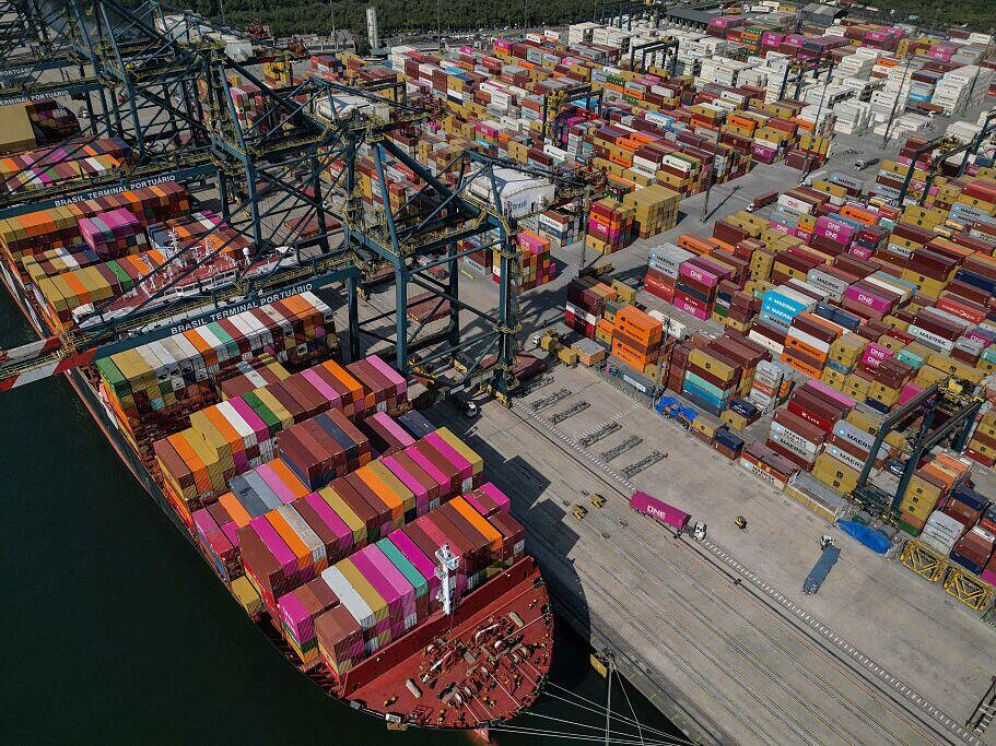 An aerial view picture of the port of Santos, the largest port complex in Latin America and one of the largest in the world, taken on Thursday in Santos, Sao Paulo state, Brazil.