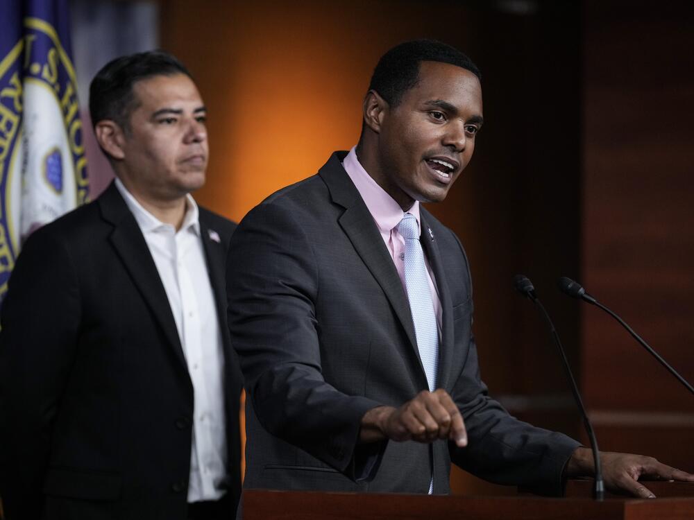 Rep. Ritchie Torres (right), D-N.Y., speaks during a news conference on Capitol Hill July 17, 2023 in Washington, D.C.