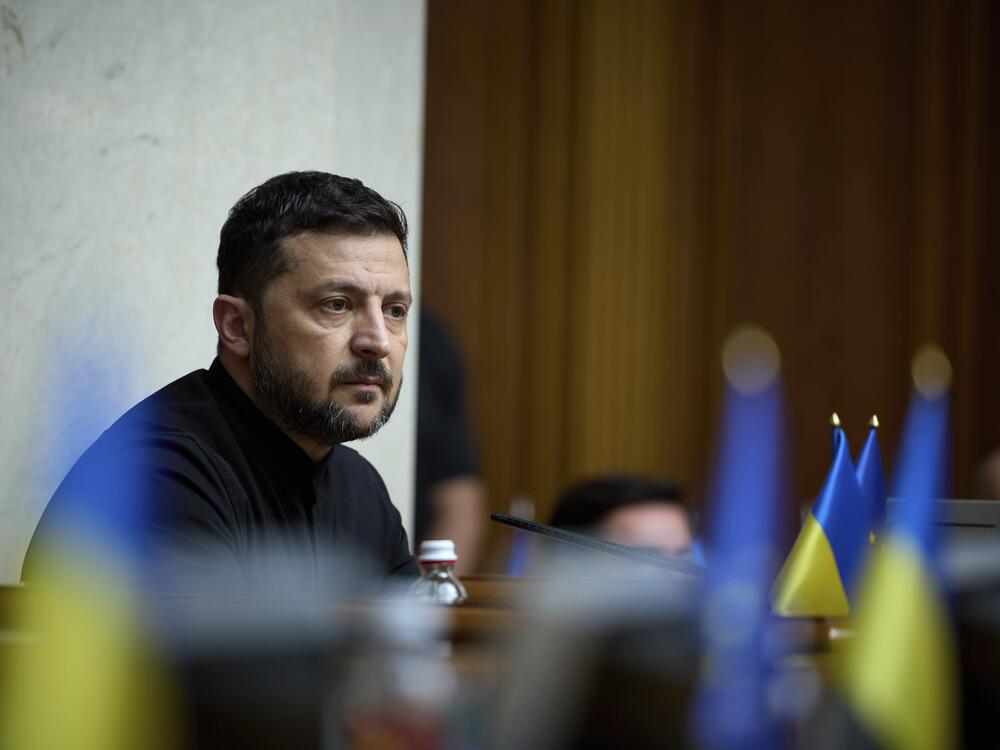President Volodymyr Zelenskyy attends the parliament session in Kyiv, Ukraine, on July 17.