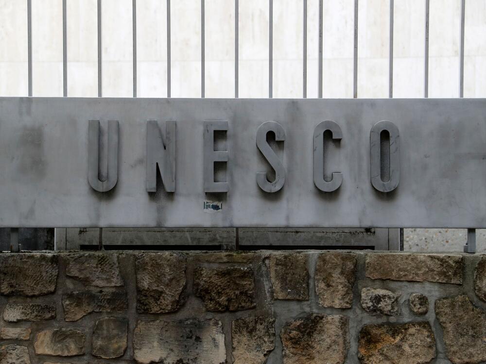 A picture taken on Oct. 12, 2017 shows the logo of the United Nations Educational, Scientific and Cultural Organization (UNESCO) headquarters in Paris.