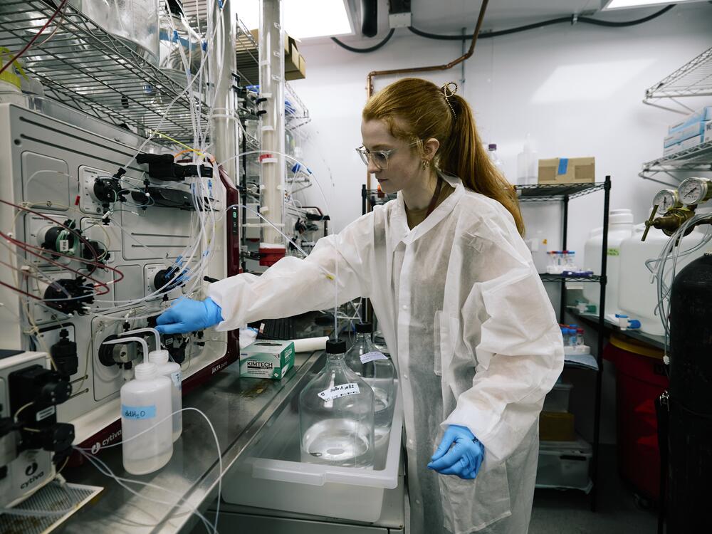 Scientist Ruby McAslan works on hemoglobin purification in the cold room at KaloCyte at the Center for Blood Oxygen Transport and Hemostasis at the University of Maryland School of Medicine.