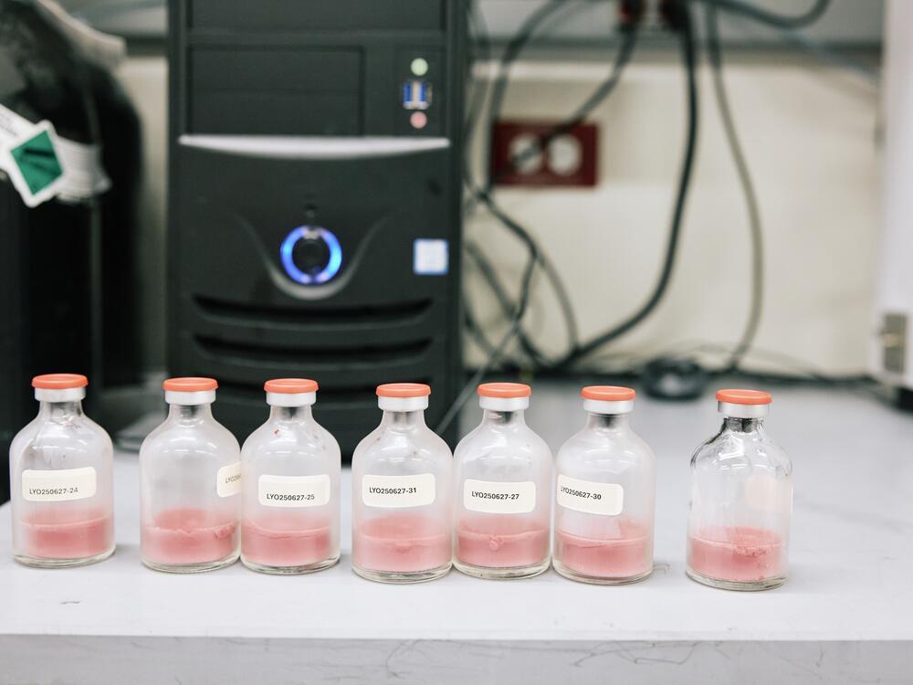 Freeze-dried artificial blood developed in Doctor's lab can be reconstituted with water and infused into an animal test subject. Ultimately the research team hopes to test this in people, using product derived from human red blood cells.