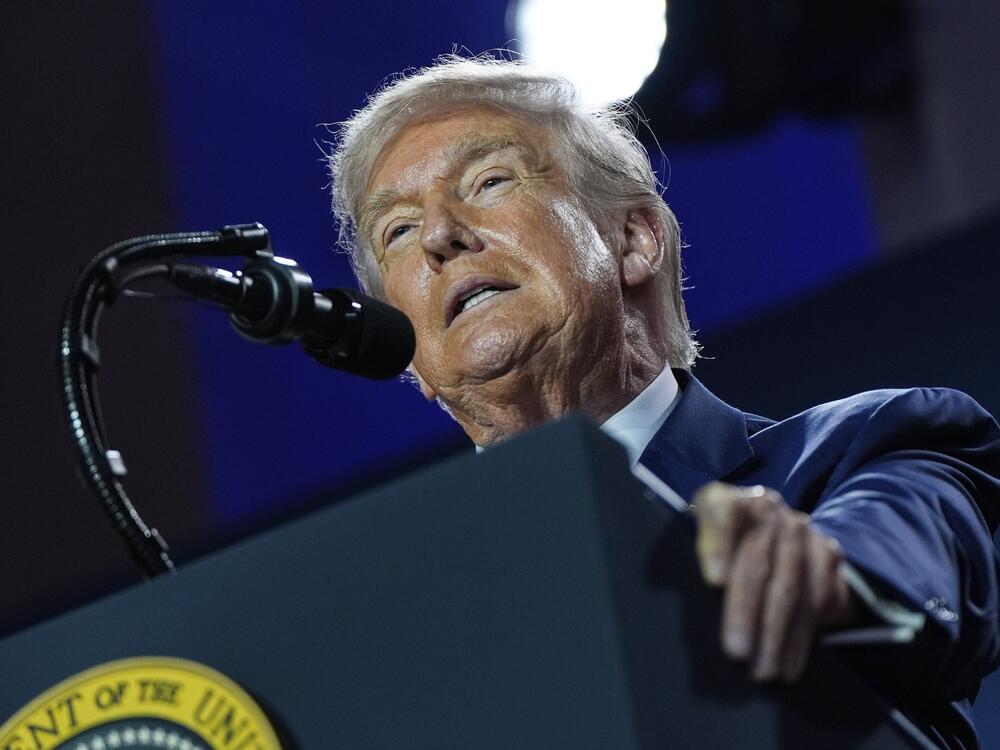 President Donald Trump speaks during an AI summit at the Andrew W. Mellon Auditorium on Wednesday.