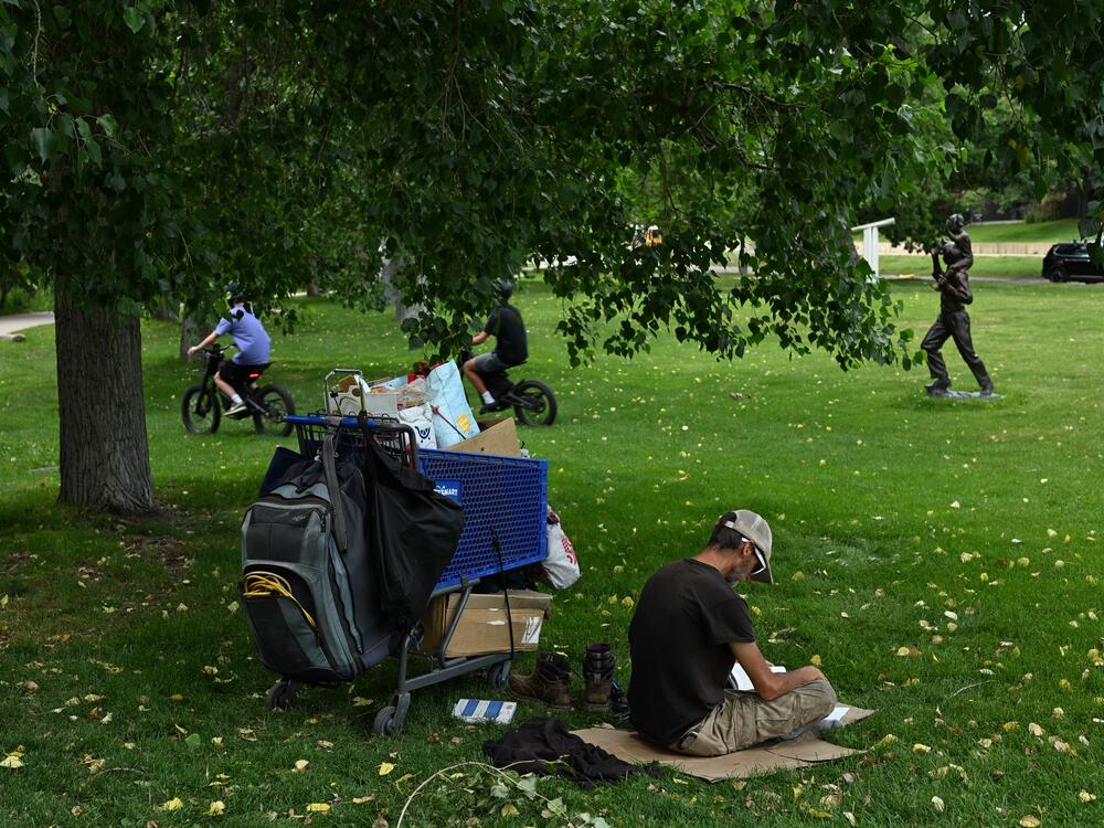 A man who identifies as homeless reads a book under the shade of a tree during high 90-degree temperatures last month in Boulder, Colo.