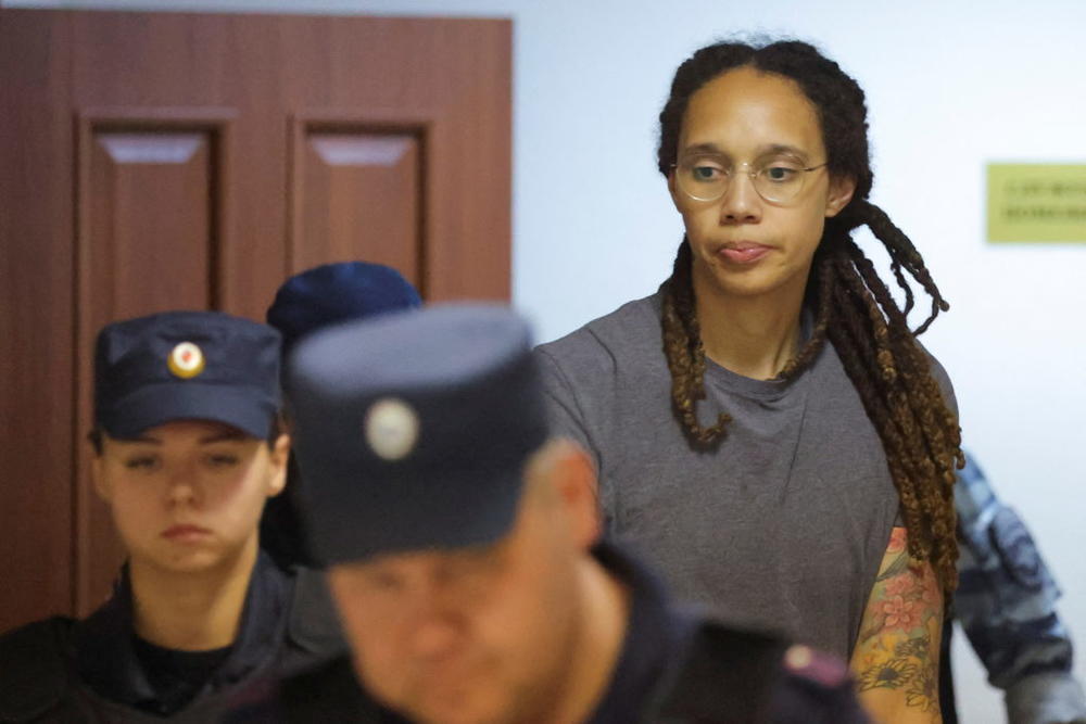 U.S. basketball player Brittney Griner, who was detained at Moscow's Sheremetyevo airport and later charged with illegal possession of cannabis, walks after the court's verdict in Khimki outside Moscow, Russia August 4, 2022. File photo by REUTERS/Evgenia Novozhenina