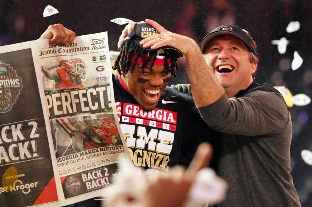 Jan 9, 2023; Inglewood, CA, USA; Georgia Bulldogs defensive back Javon Bullard (22) celebrates with head coach Kirby Smart after winning the CFP national championship game against the TCU Horned Frogs at SoFi Stadium. Mandatory Credit: Kirby Lee-USA TODAY Sports