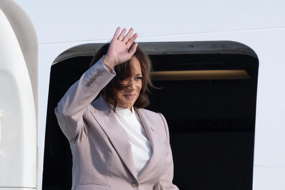 U.S. Vice President Kamala Harris gestures as she boards Air Force Two after attending the 43rd ASEAN Summit at the Soekarno-Hatta International Airport in Tangerang, Indonesia on September 7, 2023. Yasuyoshi Chiba/Pool via REUTERS