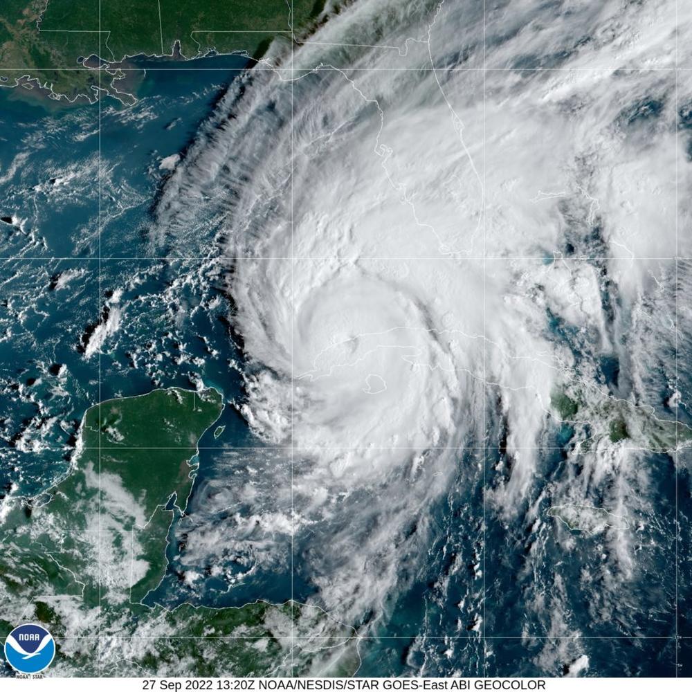 A satellite image of Hurricane Ian shows the storm approaching Florida on September 27, 2022. Image courtesy of NOAA.