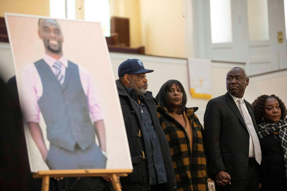 Rodney Wells, stepfather, and RowVaughn Wells, mother of Tyre Nichols, take the stage with their attorney Ben Crump, during a news conference at Mt. Olive Cathedral CME Church in Memphis, Tennessee, Jan. 27, 2023. Photo by Alyssa Pointer/REUTERS