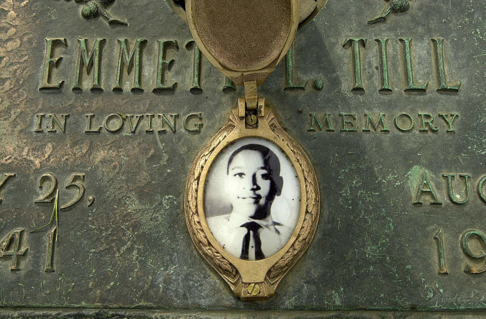 In this May 4, 2005 file photo, Emmett Till's photo is seen on his grave marker in Alsip, Ill. Legislation that would make lynching a federal hate crime in the U.S. is expected to be signed into law next week by President Joe Biden. The Emmett Till Anti-Lynching Act was years in the making. Photo by Robert A. Davis/Chicago Sun-Times via AP