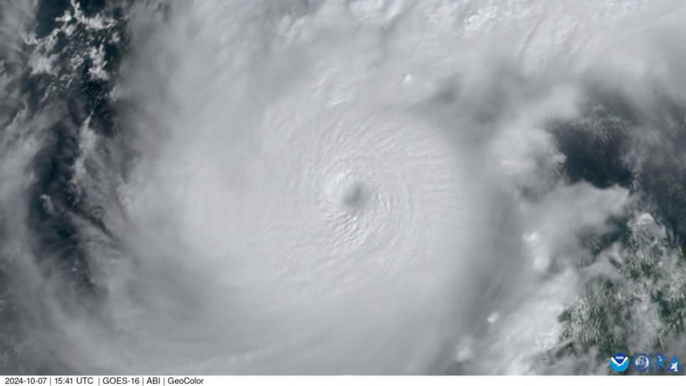 A satellite image shows whirlwind formation of Hurricane Milton, October 7, 2024, in this screen grab obtained from a handout video. CSU/CIRA & NOAA/Handout via REUTERS THIS IMAGE HAS BEEN SUPPLIED BY A THIRD PARTY. MANDATORY CREDIT. ONSCREEN TEXT AND LOGO FROM SOURCE.