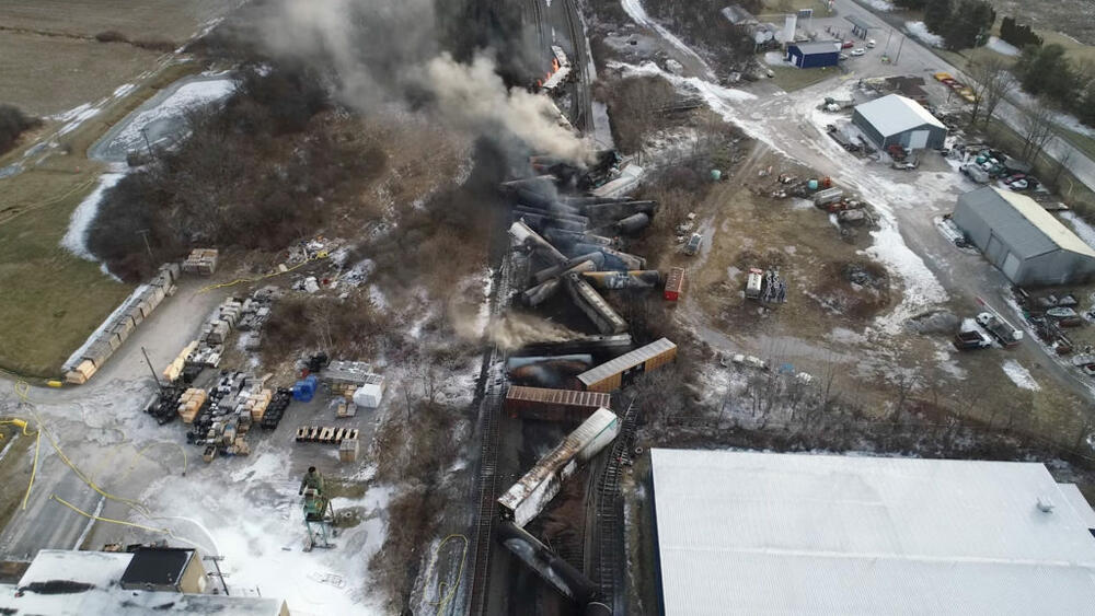 Drone footage shows the freight train derailment in East Palestine, Ohio, U.S., February 6, 2023 in this screengrab obtained from a handout video released by the NTSB. NTSBGov/Handout via REUTERS THIS IMAGE HAS BEEN SUPPLIED BY A THIRD PARTY.