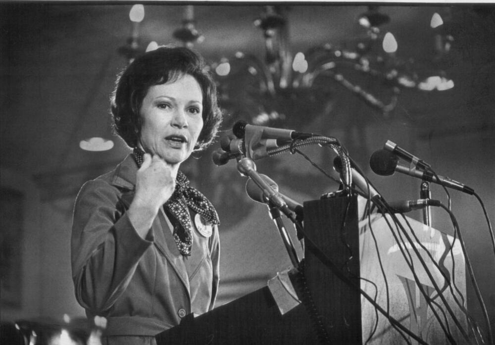 SEP 15 1976, 9-22-1976, OCT 20 1976, OCT 24 1976, MAY 6 1984 Carter, Jimmy, Mrs. Rosalyn - Individuals Rosalynn Carter, pictured answering at press conference in Denver last month, sits in on strategy sessions. She says: "The women of America don't want to see plastic ladies just standing accepting bouquets." Credit: Denver Post (Denver Post via Getty Images)