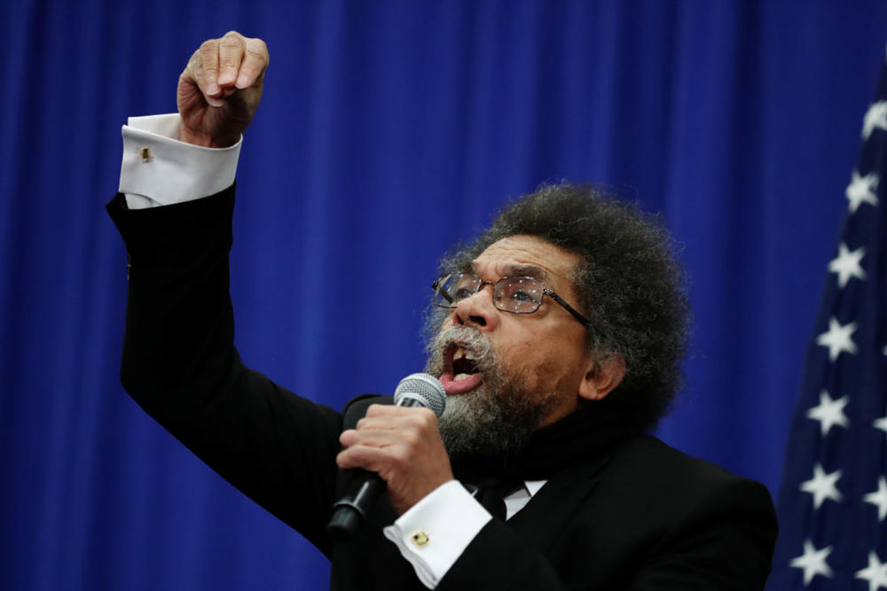 Political activist Cornel West addresses the record of U.S. Democratic presidential candidate Bernie Sanders on African-American issues during a town hall in Flint, Michigan, U.S.,March 7, 2020. Photo by Lucas Jackson/REUTERS