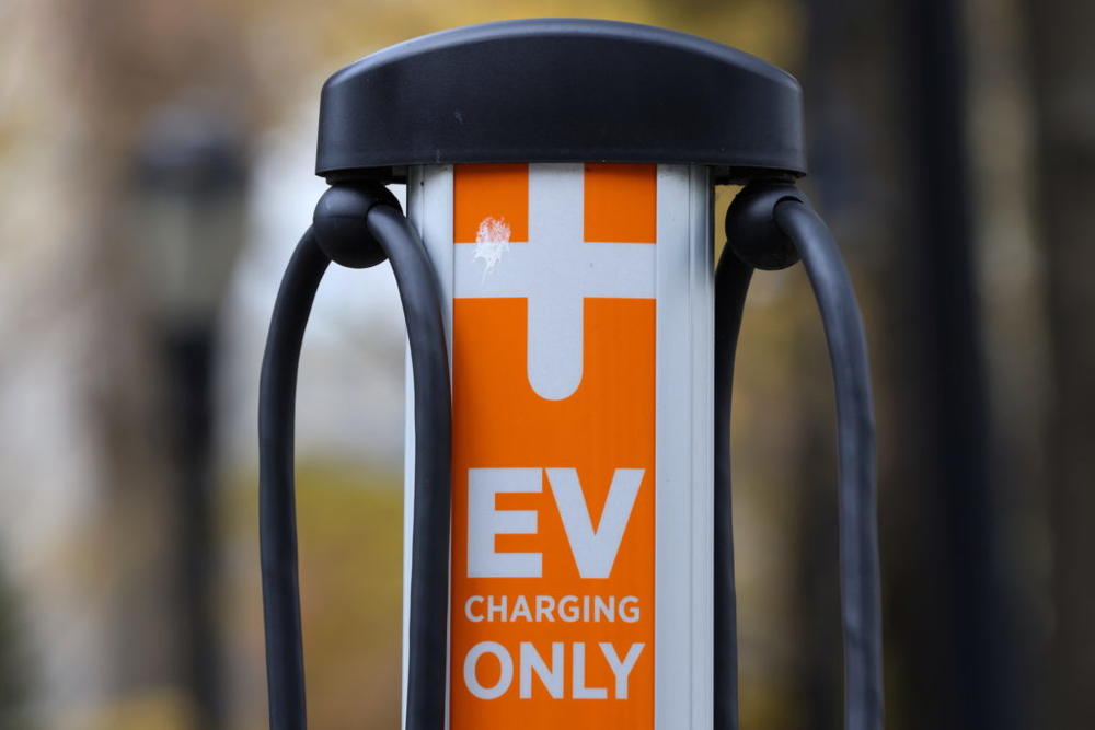 An electric vehicle charge station by ChargePoint, Inc. is seen outside New York City Hall in Manhattan, New York, U.S., December 8, 2021. REUTERS/Andrew Kelly