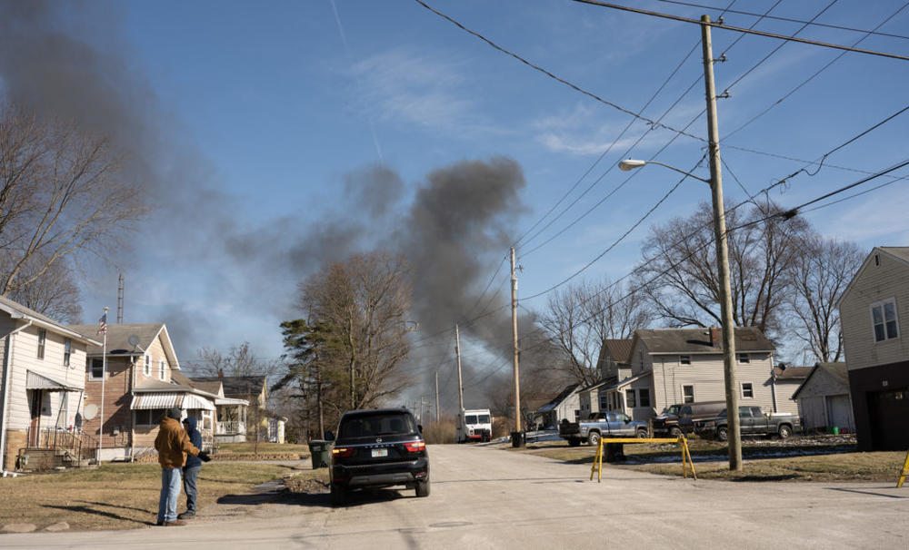 Smoke rises from a derailed cargo train in East Palestine, Ohio, on February 4, 2023. Photo by Dustin Franz/AFP via Getty Images