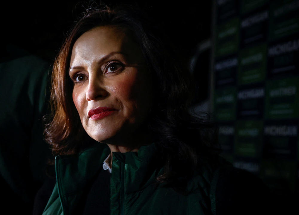 Michigan Gov. Gretchen Whitmer speaks to the media following a "get out the vote" rally at Michigan State University, the night before the midterm election, in East Lansing, Michigan, Nov. 7, 2022. Photo by Evelyn Hockstein/REUTERS