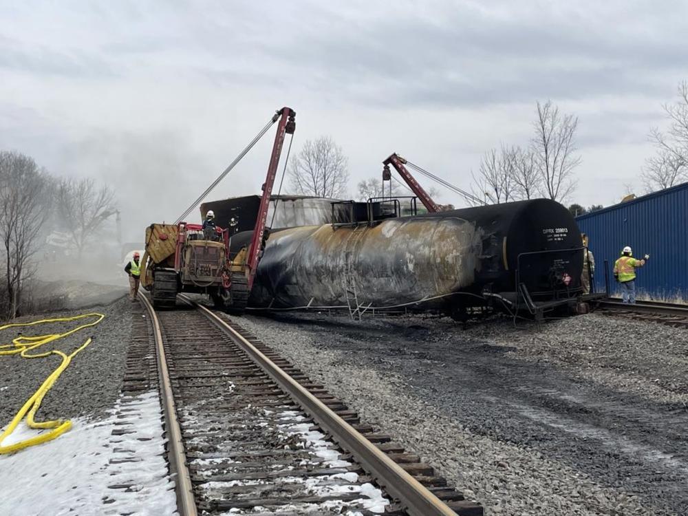 Officials inspect the area after the train derailment in East Palestine, Ohio, on Feb. 17, 2023. The train derailment happened on Feb. 3 in which 38 cars derailed, including 11 containing hazardous materials, forcing hundreds of residents to evacuate for several days. Photo by U.S. Environmental Protection Agency/Handout/Anadolu Agency via Getty Images
