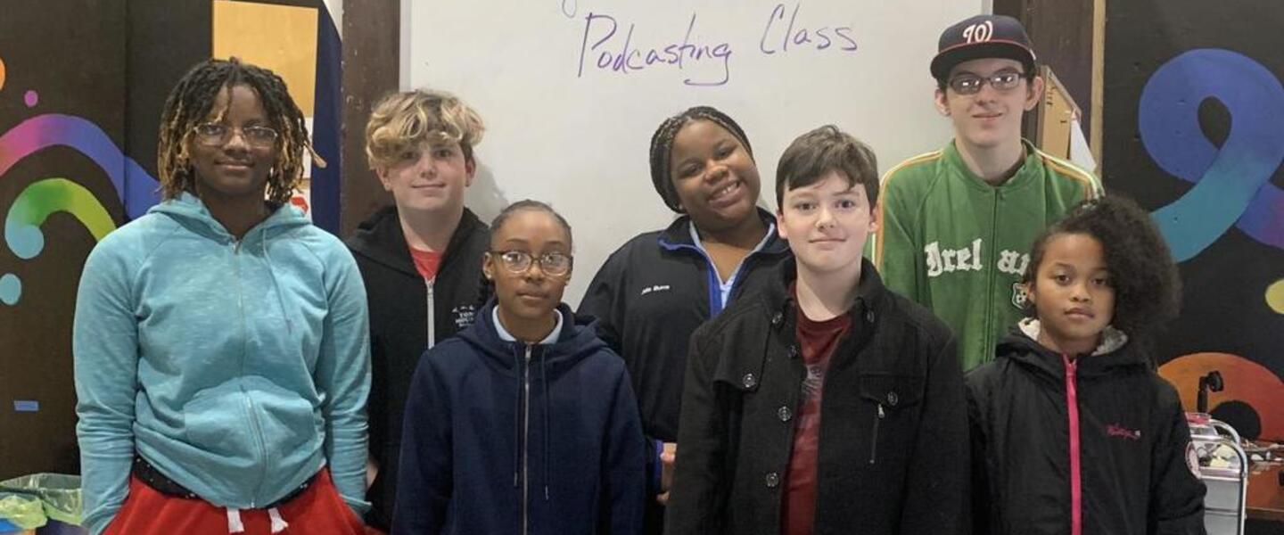 Students from the Jessye Norman School of the Arts, who are reporting for the podcast (l to r): Essence Willingham, Atticus Dillard-Wright, Kaleisha Sullivan, Jalia Burns, Aiden Allen, Thomas Collins, and Gabbie Stallings.