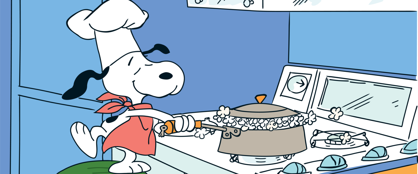 Snoopy popping popcorn.