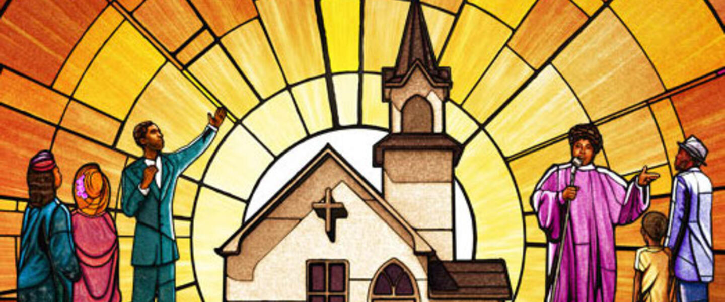An illustration of people and a church in the style of a stained glass window.