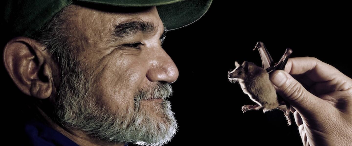Ecologist Rodrigo Medellin with a Lesser long-nosed bat.