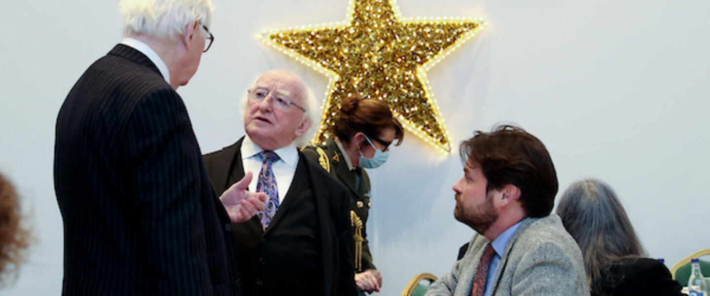 James W, Flannery with Michael D. Higgins, President of Ireland, who presented Flannery with the Presidential Distinguished Service Award.