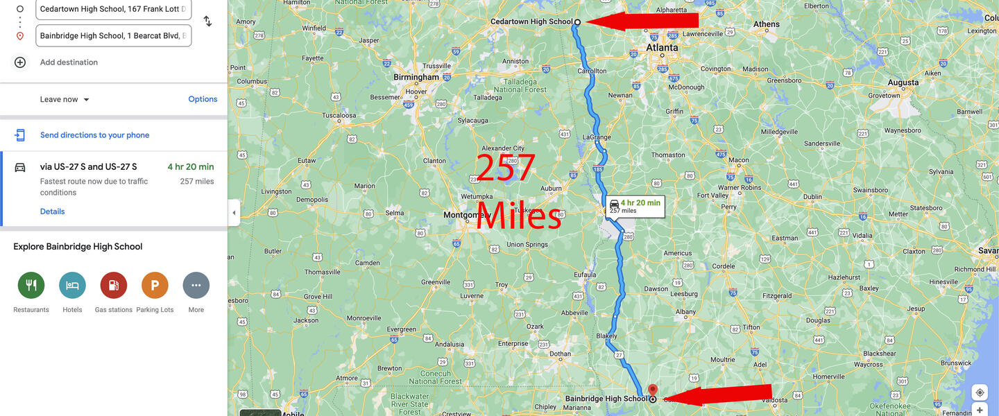 257 Miles - Cedartown High School to Bainbridge High School