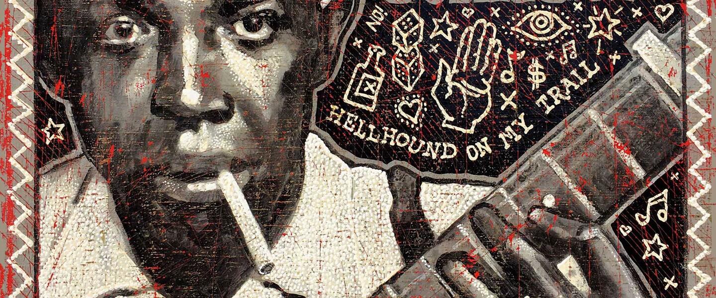 A painting of blues singer Robert Johnson 