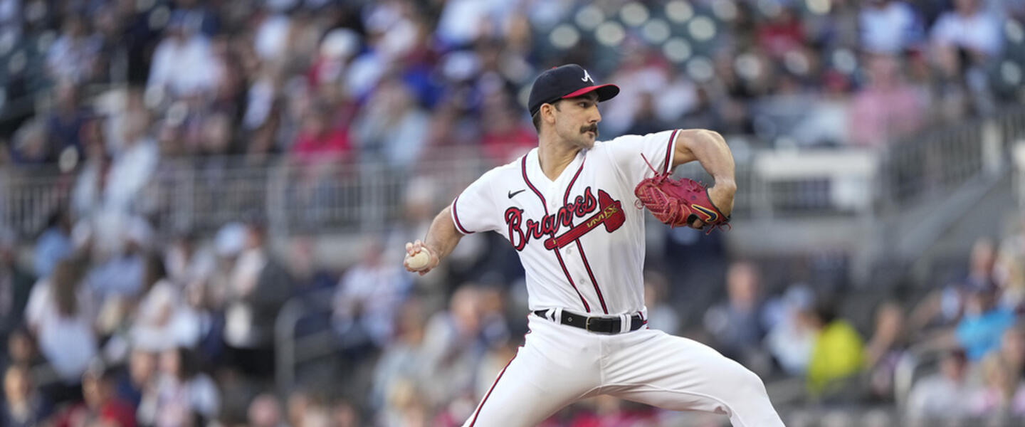 Atlanta Braves starting pitcher Spencer Strider delivers in the first inning of a baseball game against the Miami Marlins, Monday, April 24, 2023, in Atlanta.