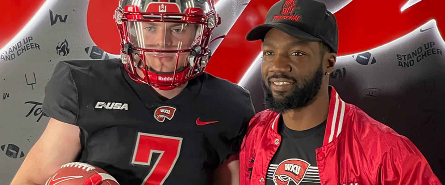Kyle Vaka alongside Kell High School wide receivers coach Steph Brown visiting Western Kentucky University in April. Brown is a former Hilltoppers wide receiver. 