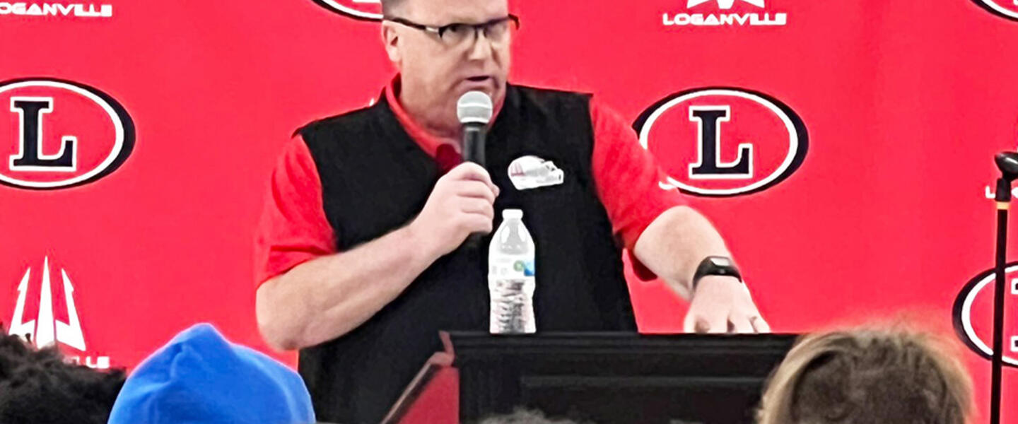 New Loganville Red Devils head football coach Gene Cathcart meeting his new team and community on April 11, 2023.