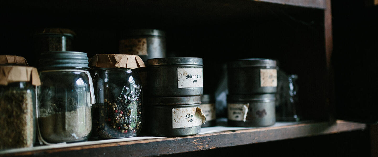 Old time jars on a shelf