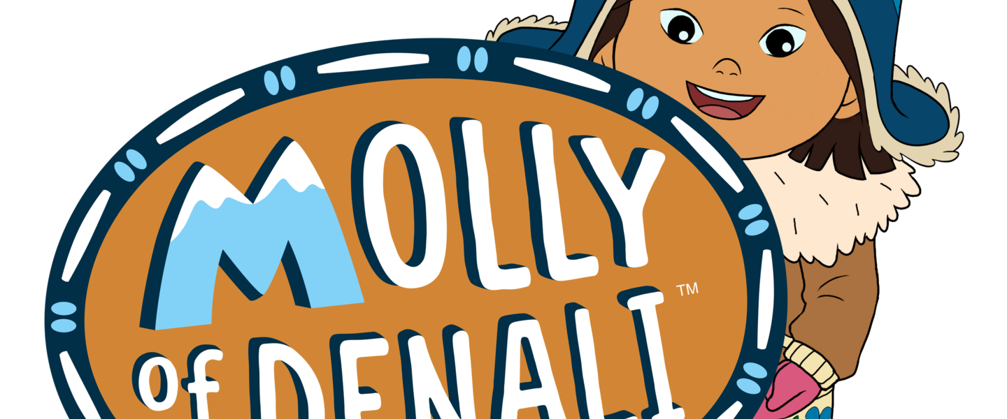 Molly of Denali is dressed in winter gear and holds the logo