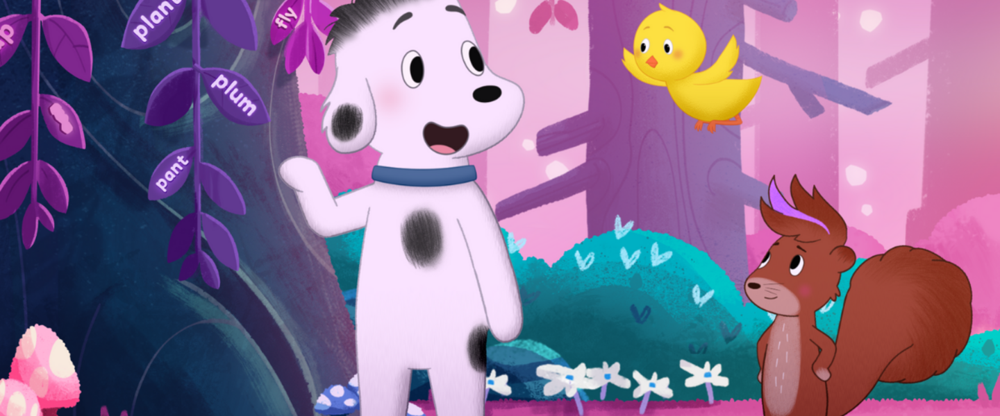Rocket, Little Yellow Bird, and Squirrel are surrounded by words in the forest