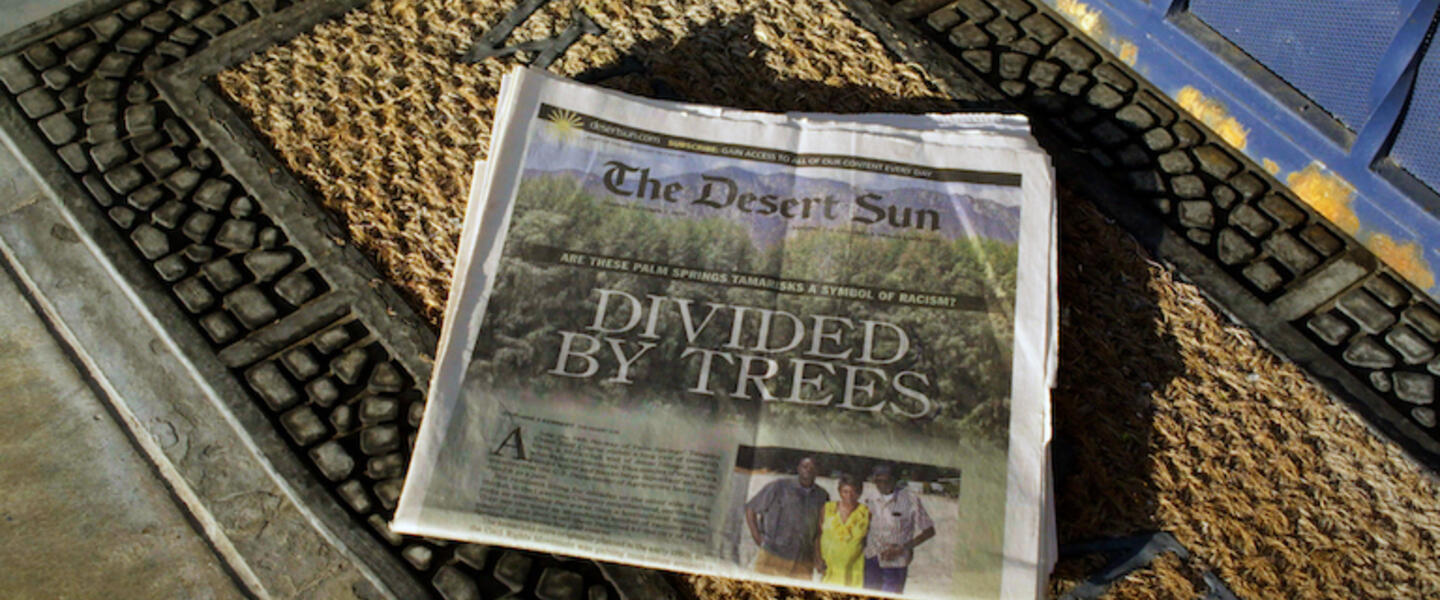 A newspaper on a welcome mat with the headline "Divided by Trees."
