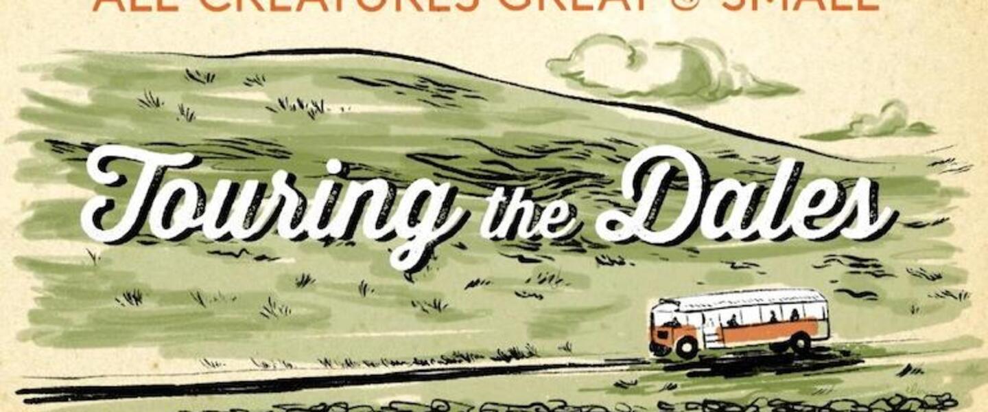 A promotional drawing of a tour bus driving through the countryside.