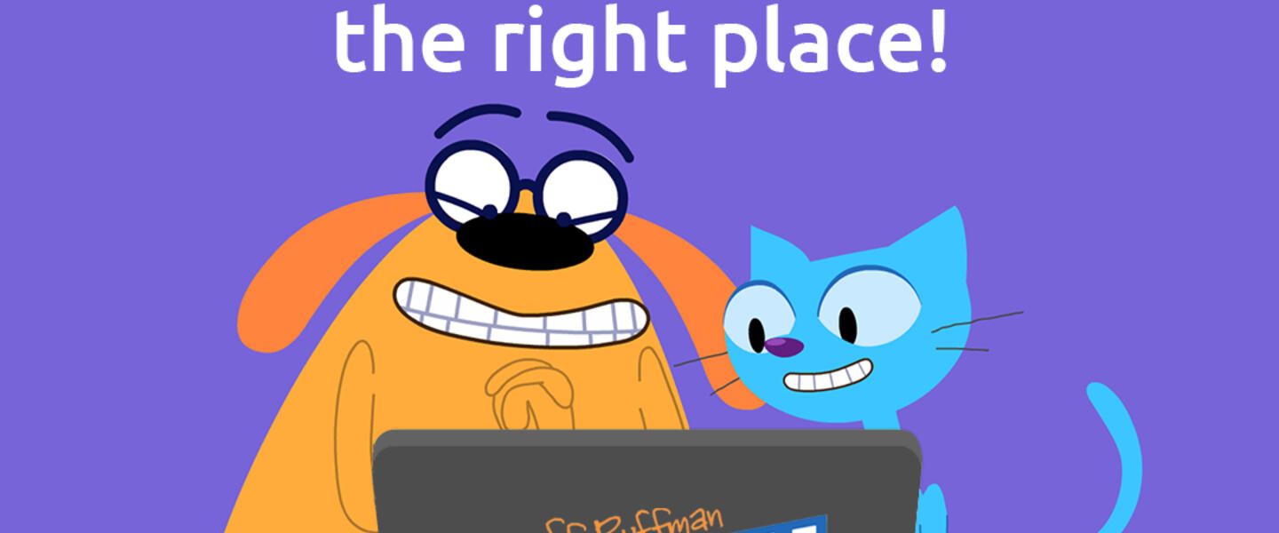 Ruff Ruffman and a blue cat look enthusiastically at the screen of a laptop