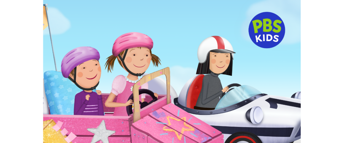 Pinkalicious and friends are driving the go-carts they built