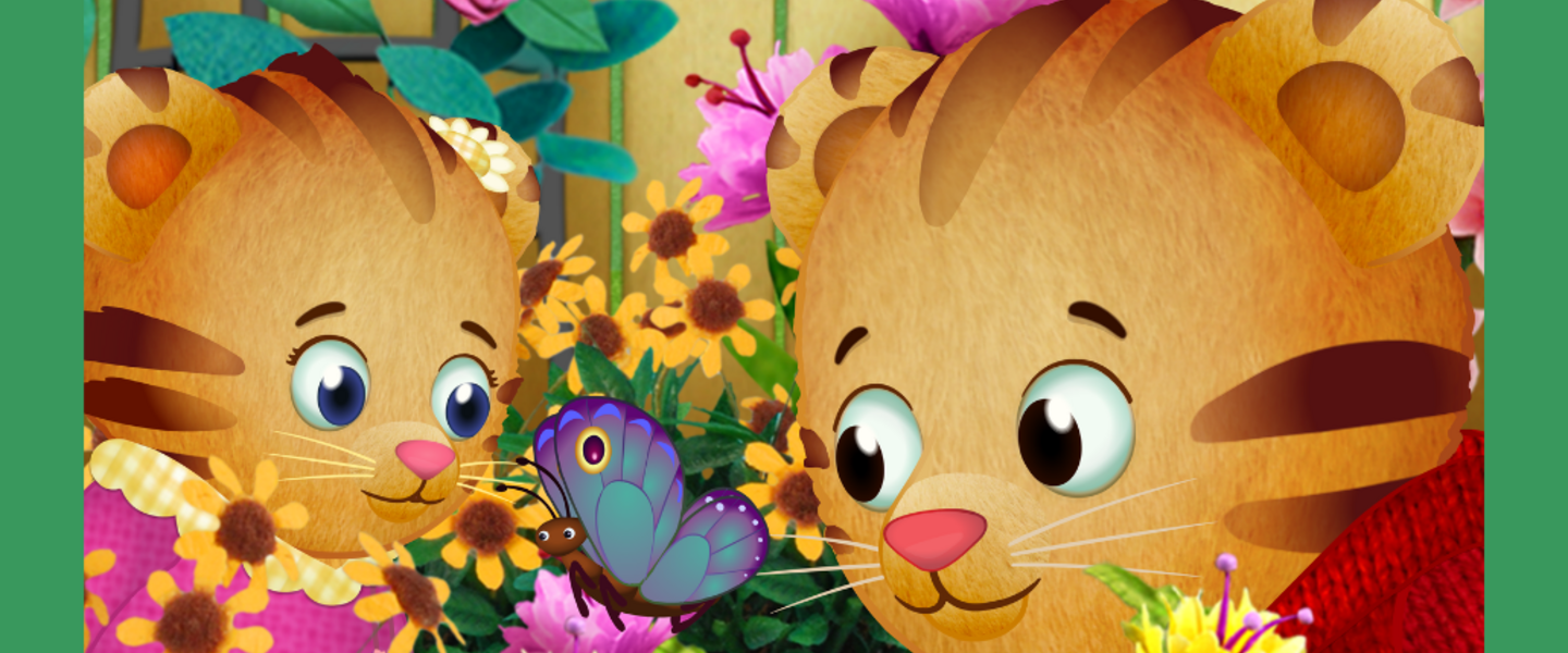 Daniel Tiger and Margaret Tiger are surrounded by flowers and butterflies