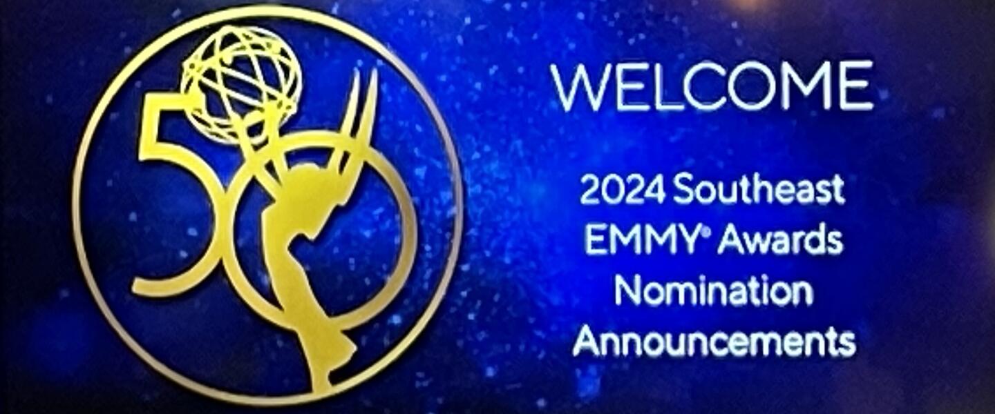 A picture of a screen that reads "WELCOME 2024 Southeast EMMY Awards Nomination Announcements"