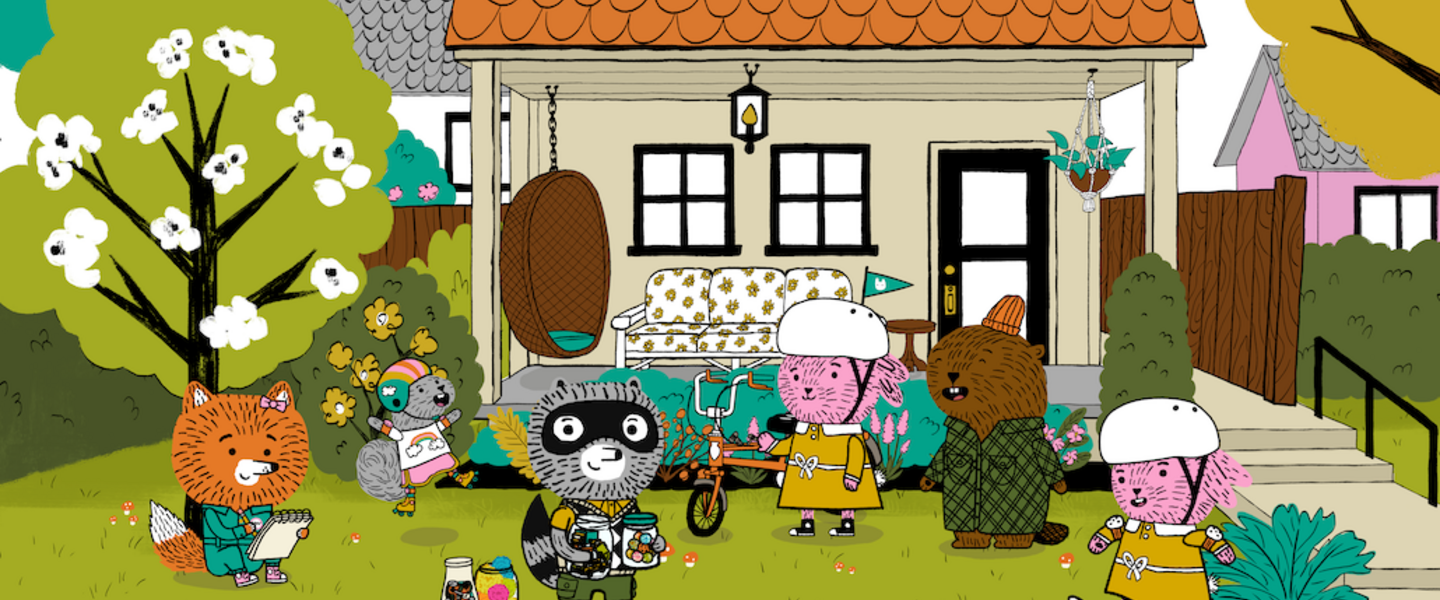 Carl, the racoon, is shown with his collections. Lotta, the fox, is drawing. Nico and Arugula, pink bunnies, are biking and skateboarding. Sheldon, the gray squirrel, is dancing.