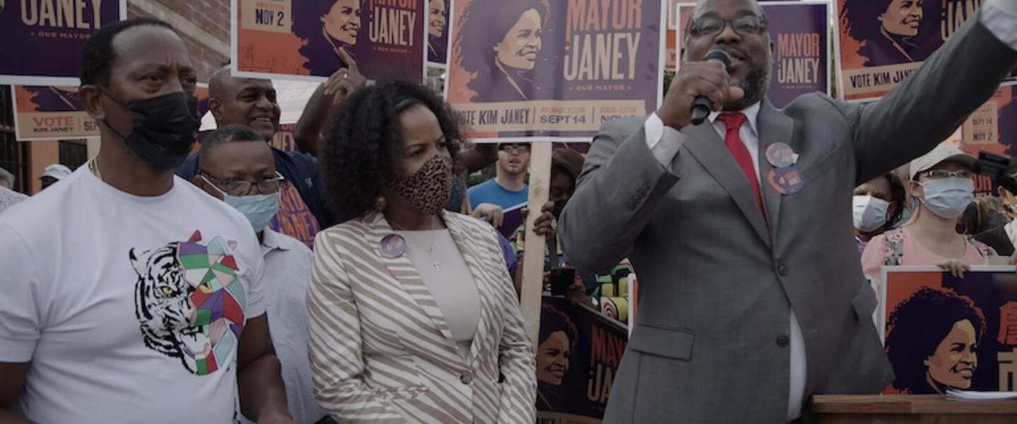 Tito Jackson campaigning for Kim Janey at a campaign rally
