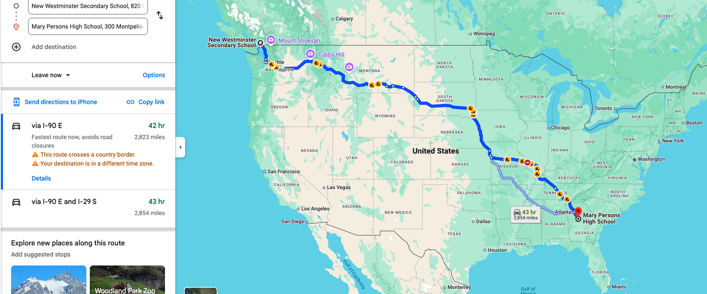 Driving distance between New Westminster Secondary School and Mary Persons High School