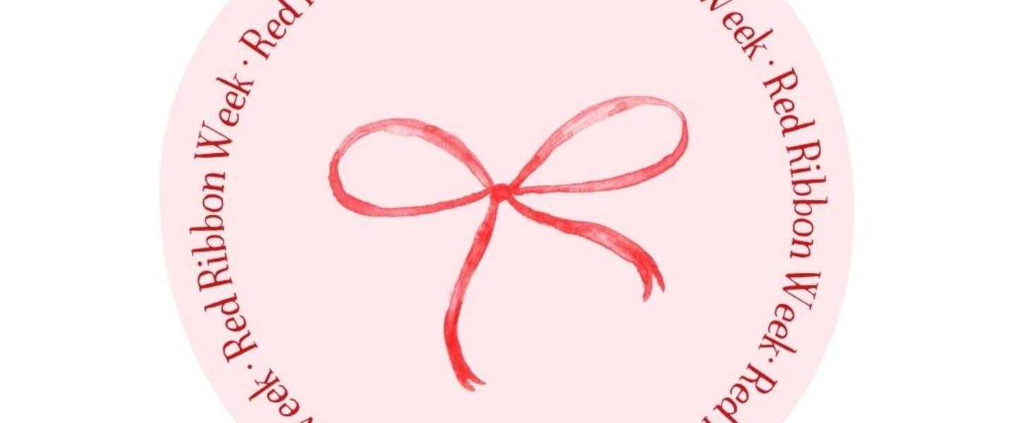 A circle of repeating text that says "Red Ribbon Week" encapsulates the double-looped red ribbon.