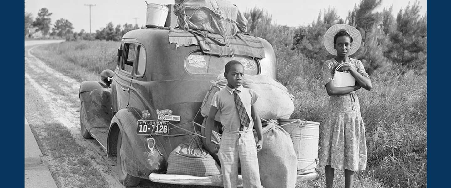 This is the title image for Everybody Comes From Somewhere. The image shows a young boy and girl behind their car packed with their belongings as they migrate to a new home.